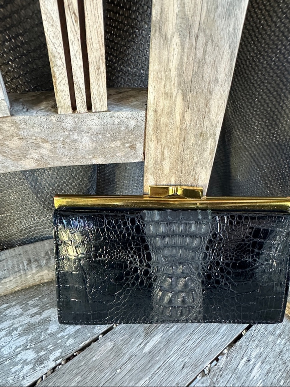 Black Real CrocodileLeather Vintage  Card Holder with Gold Frame